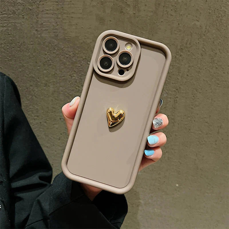 3D Gold Heart Silicone Soft Phone Case For iPhone 15 14 13 12 11 16 17 Pro Max XS XR 7 8 Plus SE Shockproof Candy Matte Cover-9