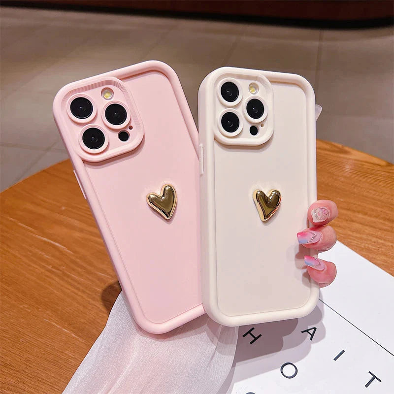 3D Gold Heart Silicone Soft Phone Case For iPhone 15 14 13 12 11 16 17 Pro Max XS XR 7 8 Plus SE Shockproof Candy Matte Cover-2