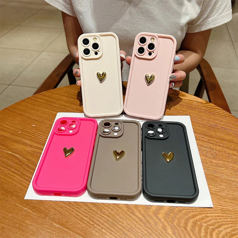 3D Gold Heart Silicone Soft Phone Case For iPhone 15 14 13 12 11 16 17 Pro Max XS XR 7 8 Plus SE Shockproof Candy Matte Cover-3