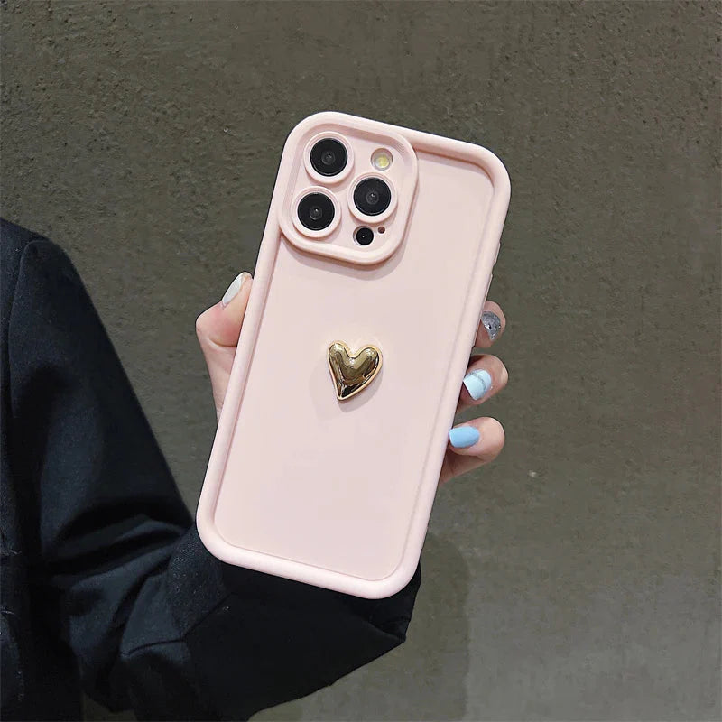 3D Gold Heart Silicone Soft Phone Case For iPhone 15 14 13 12 11 16 17 Pro Max XS XR 7 8 Plus SE Shockproof Candy Matte Cover-7
