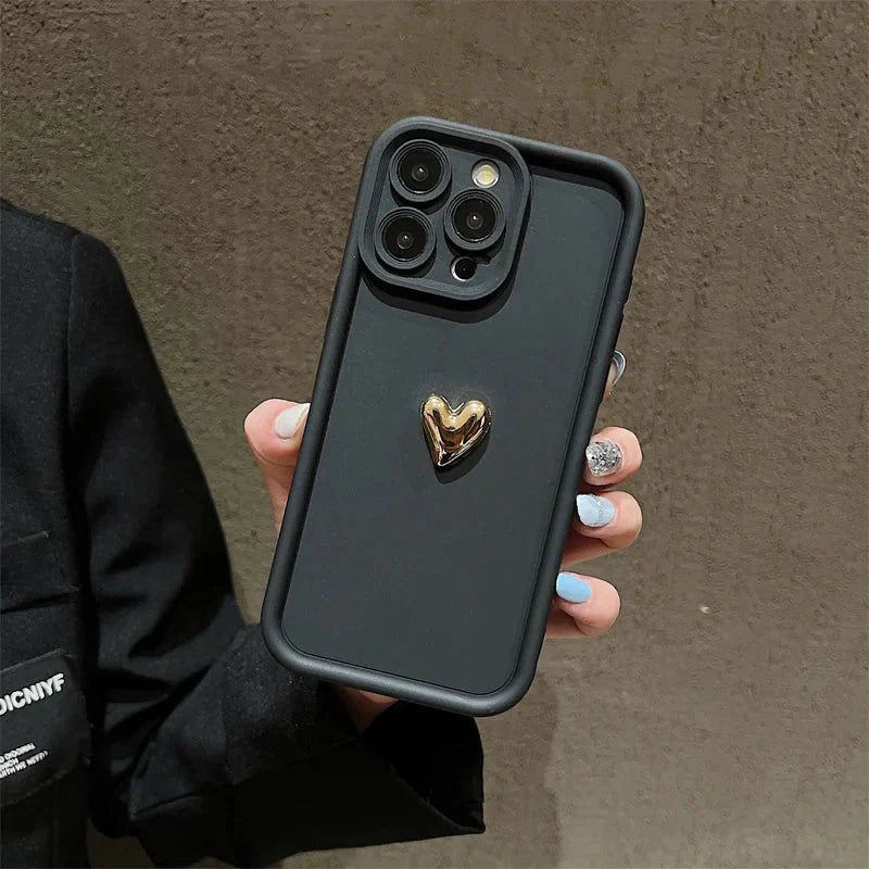 3D Gold Heart Silicone Soft Phone Case For iPhone 15 14 13 12 11 16 17 Pro Max XS XR 7 8 Plus SE Shockproof Candy Matte Cover-4