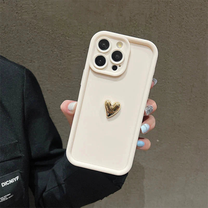 3D Gold Heart Silicone Soft Phone Case For iPhone 15 14 13 12 11 16 17 Pro Max XS XR 7 8 Plus SE Shockproof Candy Matte Cover-5