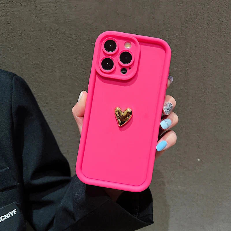 3D Gold Heart Silicone Soft Phone Case For iPhone 15 14 13 12 11 16 17 Pro Max XS XR 7 8 Plus SE Shockproof Candy Matte Cover-6